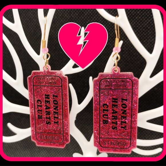 Hot Pink Glitter Lonely Hearts Club Earrings Admit One Ticket Pink Pony - Picture 1 of 3